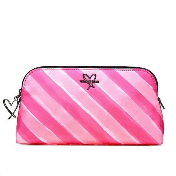 New Victoria's Secret Signature Stripes Beauty Bag Pink Travel Cosmetics Pouch - Picture 1 of 6